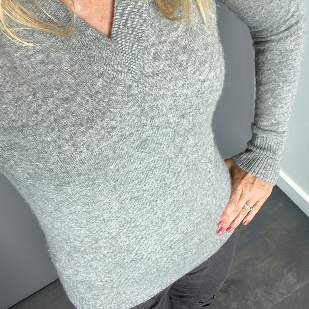 Light Gray Heathered Cashmere V Neck Sweater